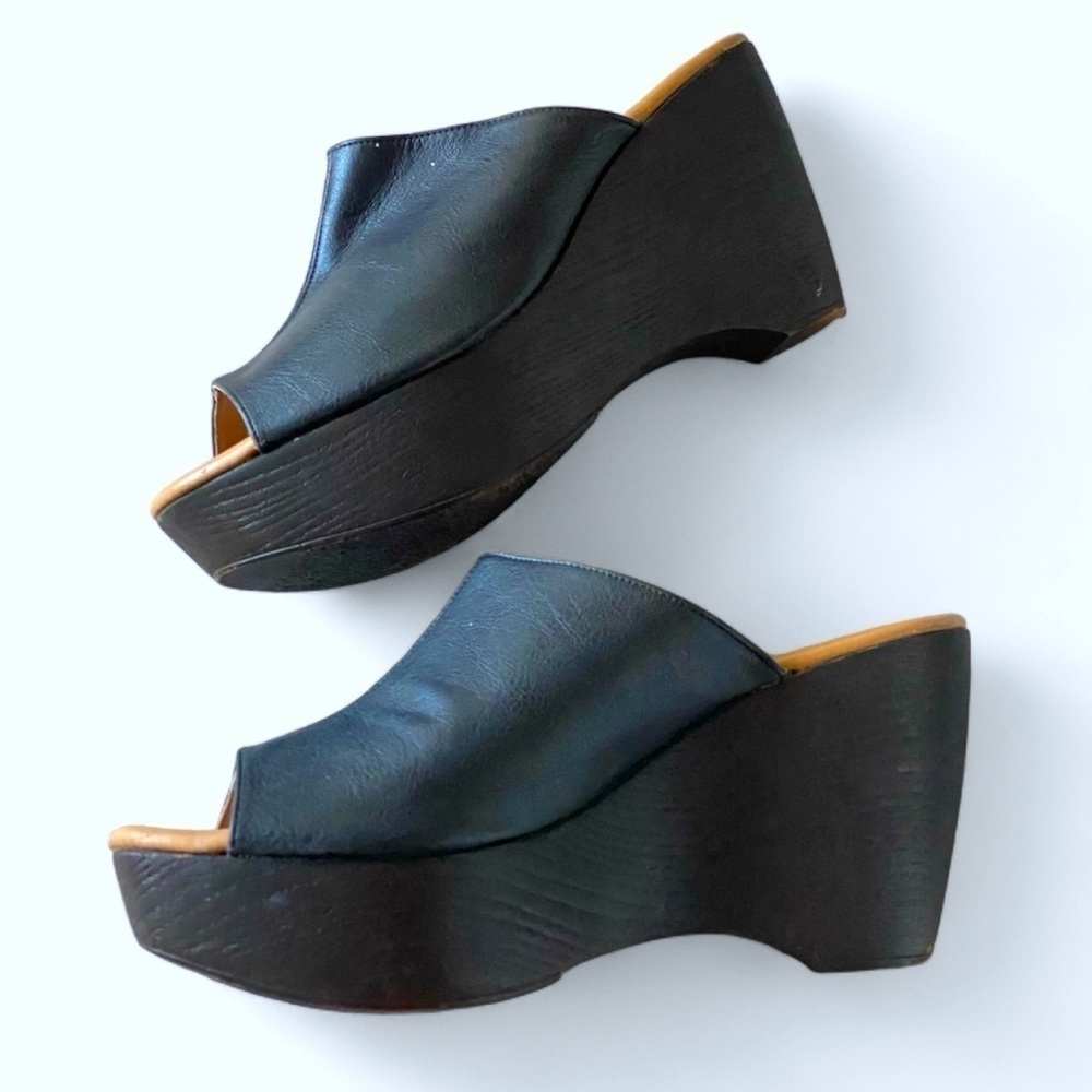 CALLISTO Leather Platform Wooden Wedge Mules Clogs Open Toe Gothic Size 9 Black